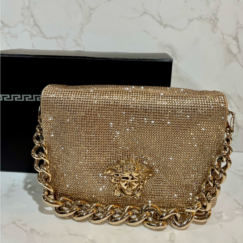 Versace Gold Palazzo Sultan Medusa Swarovski Crystal Evening Shoulder Bag